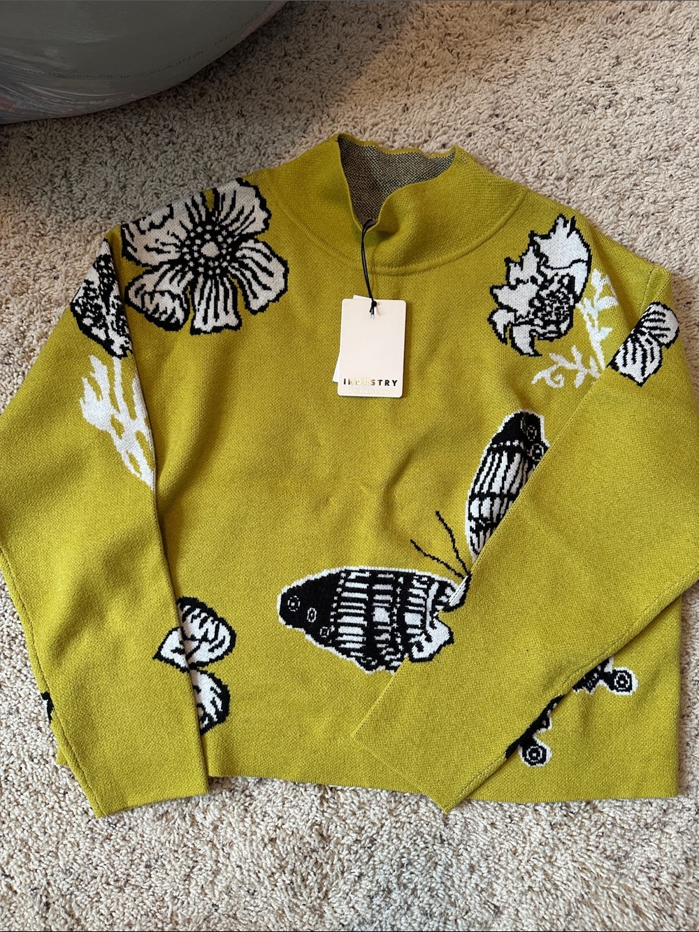 INDUSTRY Chartreuse Floral & Butterfly Mock Neck Sweater